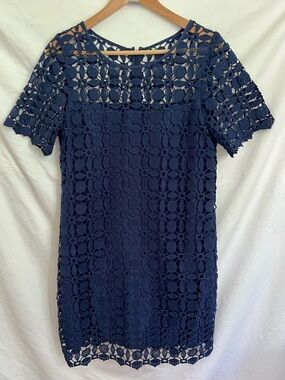 Laundry By Shelli Segal Navy Crochet Lace Short Sleeve Shift Dress, Size 8